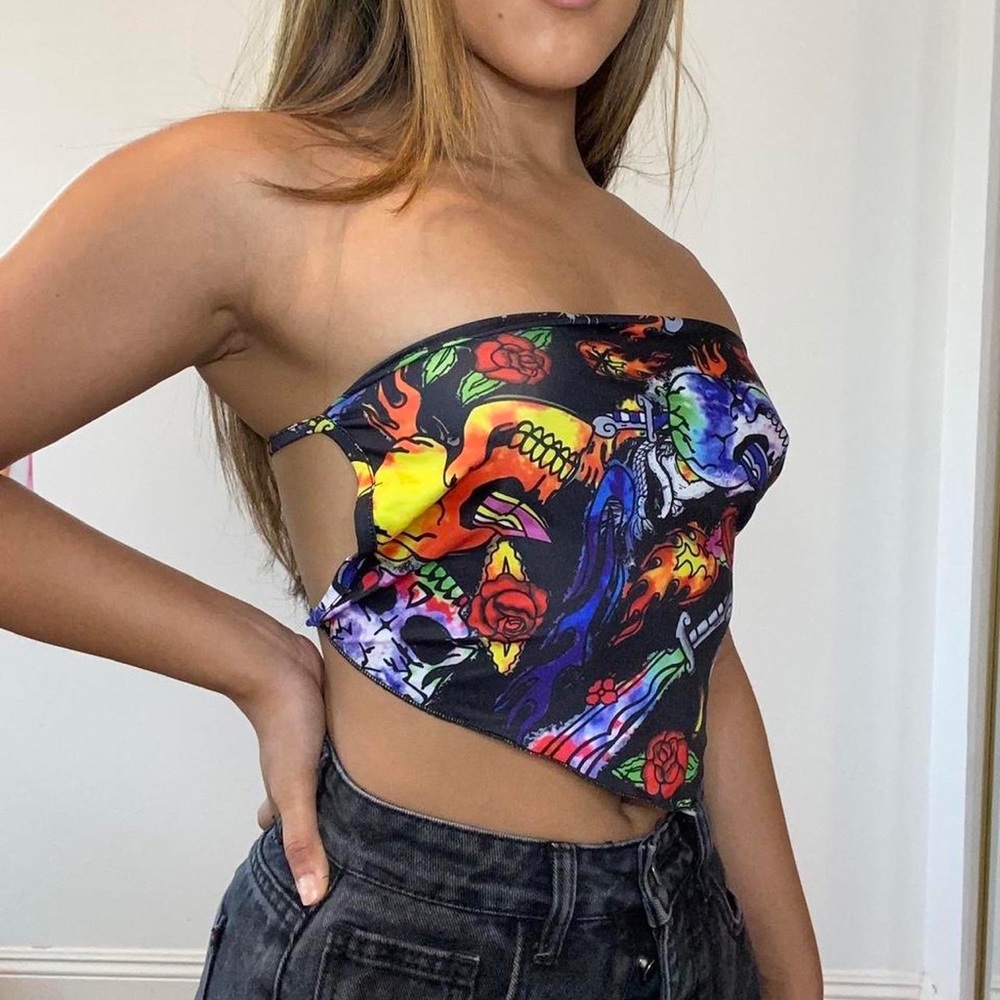 Dolls Kill Satin/Silk, Skull, Punk, Tattoo, Backless Tie Crop Top